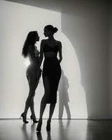 ai genererad silhuett av tre kvinnor i svart och vit klänningar, studio skott. ai generativ foto