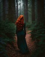 ai genererad skön rödhårig flicka med lång lockigt hår i en mörk skog. ai generativ foto