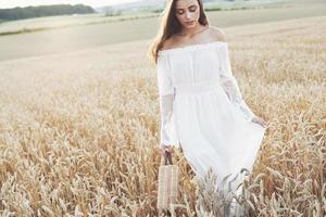 vacker flicka i ett veteområde i en vit klänning, en perfekt bild i stilen livsstil
