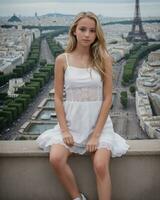 ai genererad skön ung flicka i vit klänning nära de eiffel torn i paris. ai generativ foto