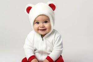 ai genererad porträtt av en söt och leende bebis bär en vit kroppsdräkt. foto