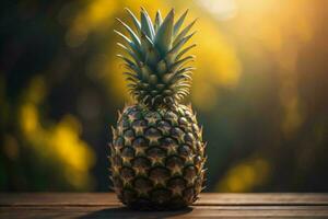 ai genererad ananas på trä- tabell med bokeh ljus bakgrund. ai genererad foto