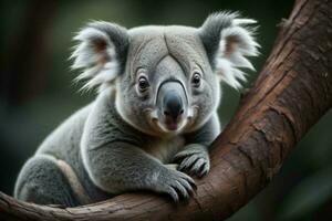 ai genererad koala Björn Sammanträde på en träd gren. australier inföding djur. generativ ai foto