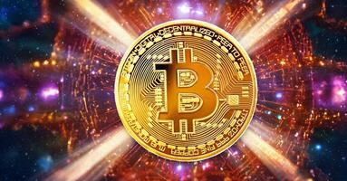 bitcoin kryptovaluta. kryptovaluta bakgrund. gyllene mynt med bitcoin symbol på abstrakt Plats bakgrund. foto