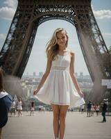 ai genererad skön ung flicka i vit klänning nära de eiffel torn i paris. ai generativ foto