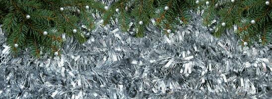 jul bakgrund. jul träd grenar och koner på jul glitter. jul Semester bild med copy foto