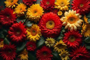 ai genererad färgrik gerbera blommor på mörk bakgrund, topp se. generativ ai foto