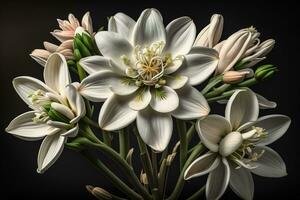 ai genererad skön vit liljor på fast Färg bakgrund, närbild. blommig dekor. ai generativ foto