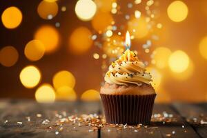 ai genererad födelsedag muffin med ljus på tabell. generativ ai. foto