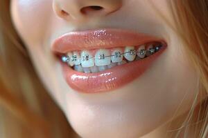 ai genererad närbild se av leende ung kvinna med tandställning på tänder. generativ ai. foto