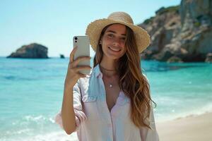 ai genererad skön ung kvinna bär hatt tar selfie med smartphone på de strand. generativ ai. foto