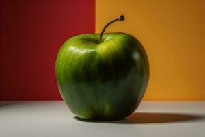 ai genererad grön äpple på en gul och röd bakgrund. de begrepp av friska äter. generativ ai foto