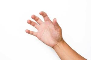 stänga upp av manlig hand nå ut redo till hjälp eller motta isolerat på rosa bakgrund. portion hand utsträckt för frälsning. foto