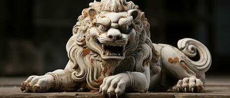 ai genererad gammal sten lejon staty, en symbol av kraft och skydd i asiatisk arkitektur. foto