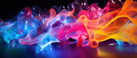 ai genererad en fascinerande abstrakt sammansättning terar fluorescerande vågor av blå, röd, och lila färger. foto