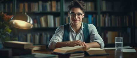 ai genererad ung man i glasögon djupt uppslukad i en bok, i en bibliotek. ai generativ. foto