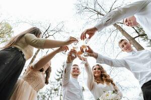 de brud och brudgum och deras vänner utgör mot de bakgrund av de skog. en stor grupp av människor är har roligt på deras vänner' bröllop. de dryck champagne från glasögon foto