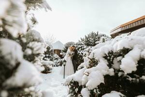 Lycklig nygifta mellan snöig träd. de brudgum kramar de brud i de vinter- parkera. leende brud med en bukett av blommor i en bröllop klänning och vit poncho. de brudgum är klädd i en svart täcka. foto