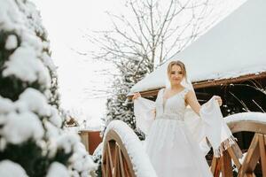 brud i de snö på en trä- bro, porträtt av en skön brud i en bröllop klänning omslag själv i en vit poncho i en vinter- parkera. foto