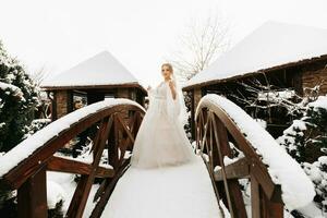 brud i snö på trä- bro, porträtt av skön brud i vit poncho och bröllop klänning i vinter- parkera foto