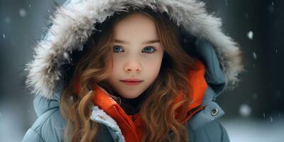 ai genererad flicka i vinter- täcka och orange scarf. ai generativ. foto