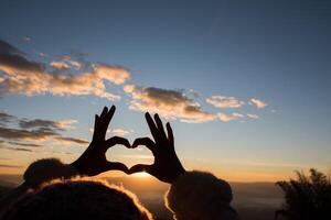 silhuett händer som bildar en hjärtform med soluppgång foto