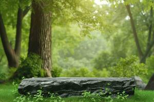 ai genererad sten podium tabell topp golv på gräs utomhus fläck färsk grön tropisk skog träd natur bakgrund.organisk friska naturlig produkt placering piedestal stå visa. generativ ai. foto