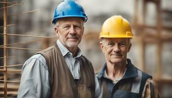 ai genererad två äldre män bär hård hattar stående i främre av en konstruktion webbplats foto