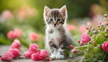ai genererad en kattunge är stående i främre av rosa blommor foto