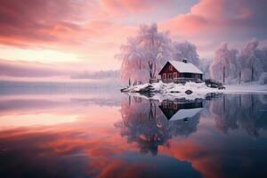 ai genererad lugn vinter- landskap med träd och dimmig fält. ai genererad foto