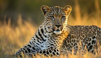 ai genererad en leopard är Sammanträde i de gräs foto
