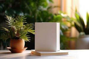ai genererad vit tom bok på trä- tabell, ljus belysning, mockup, med hus växt. ai genererad foto