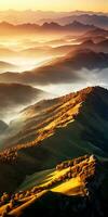 ai genererad antenn se av bergen i låg moln på soluppgång i höst. topp Drönare se av kullar med röd och orange träd i dimma, färgrik himmel i falla. slovenien. natur. berg dal. foto