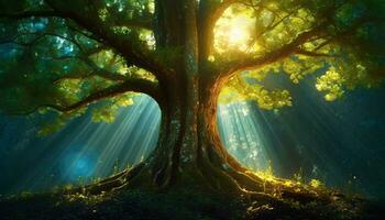 ai genererad morgon- solsken skog träd foto