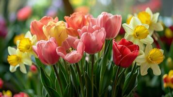 ai genererad blomning tulpaner, påskliljor, och påsk liljor i en vibrerande springtime arrangemang foto