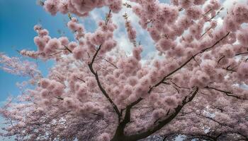 ai genererad en träd med rosa blommar i de himmel foto