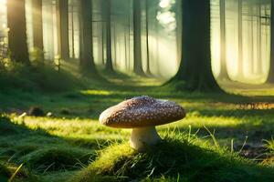 ai genererad en svamp är stående i de mitten av en skog foto