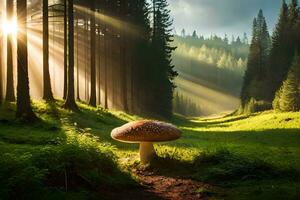 ai genererad en svamp är stående i de mitten av en skog foto
