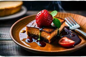 en bit av cheesecake med jordgubbar och sirap på en tallrik. ai-genererad foto