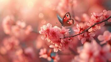 ai genererad rosa kronblad, fjärilar, och blomning träd skapa en springtime förtrollning foto