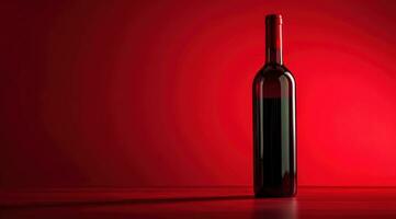 ai genererad flaska av mörk röd vin är placerad på en tabell med en röd bakgrund foto