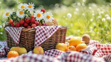 ai genererad gingham filtar, färsk frukt, och solsken framkalla en härlig vår picknick foto