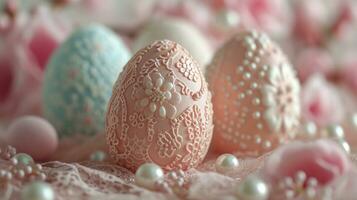 ai genererad delikat ägg mönster, spets, och pärlor skapa ett påsk kort raffinemang foto
