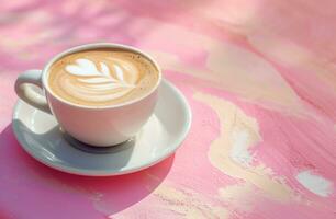 ai genererad kaffe kopp på en rosa bakgrund med latte konst foto