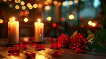 ai genererad romantisk atmosfär med stearinljus hjärtan, rosor, och en värma, passionerad atmosfär foto