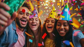 ai genererad skrattande vänner, fest hattar, och vibrerande dekorationer för en livlig födelsedag firande foto
