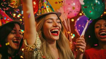 ai genererad skrattande vänner, fest hattar, och vibrerande dekorationer för en livlig födelsedag firande foto