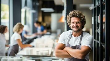 ai genererad en lockigt hår man står självsäkert i främre av en restaurang. generativ ai foto