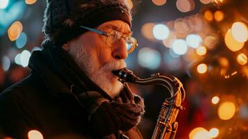 ai genererad ett äldre man spelar de saxofon utanför på de jul lampor. generativ ai foto