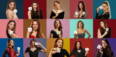 collage av kvinnor med smink och frisyrer, i eleganta klänningar och Smycken. leende, som visar ess, Framställ på färgrik bakgrunder. poker, kasino foto